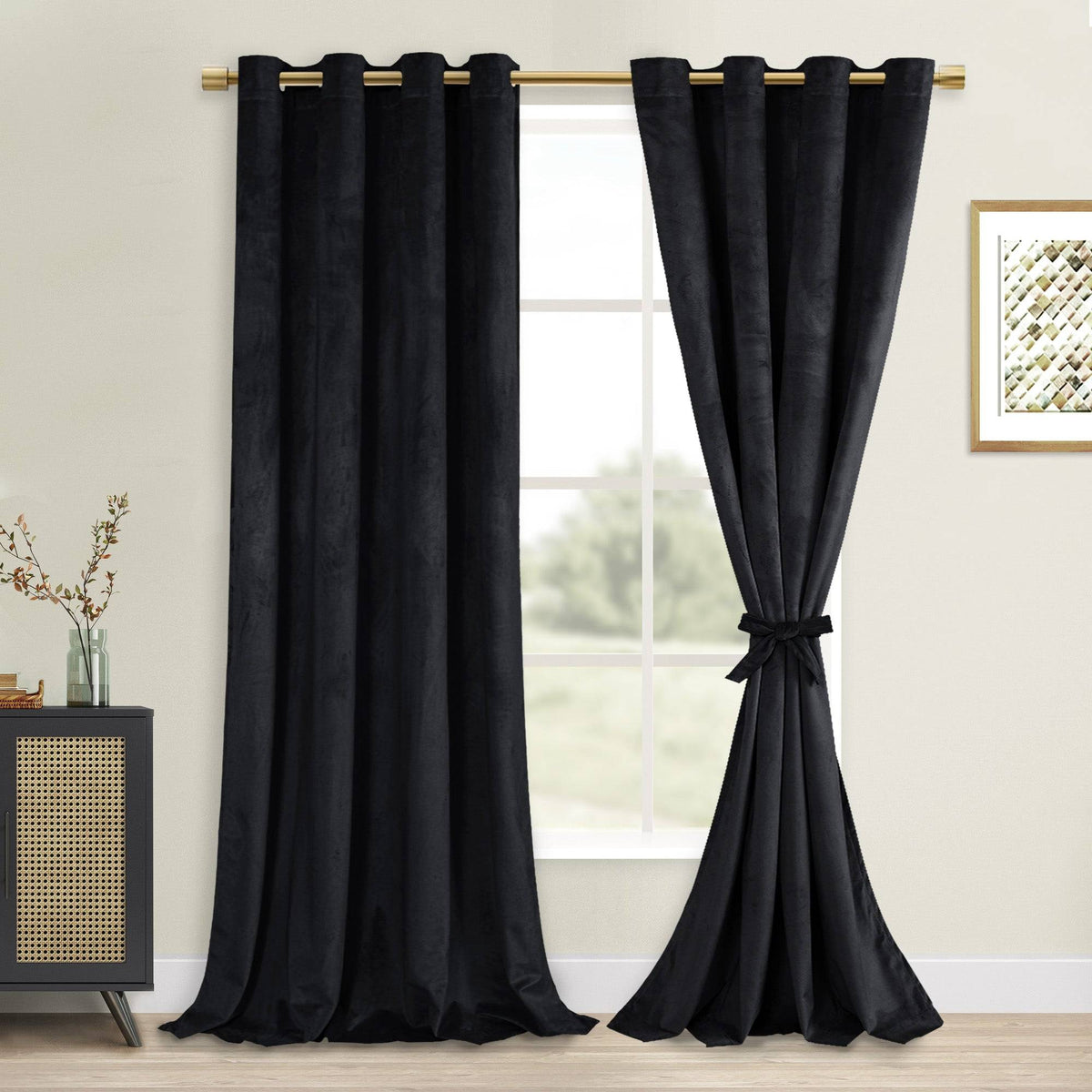 DWCN Velvet Blackout Curtains with Tiebacks, Set of 2 Panels