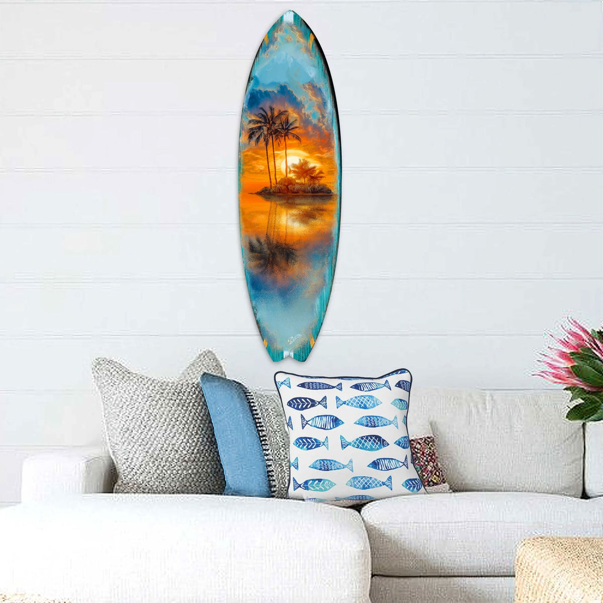 Tropical Sunset Surfboard Wall Art – Coastal Wall Decor - Handcrafted Surfboard Wall Decor for Beach House - Art by G. Debrekht  - 8490139HS