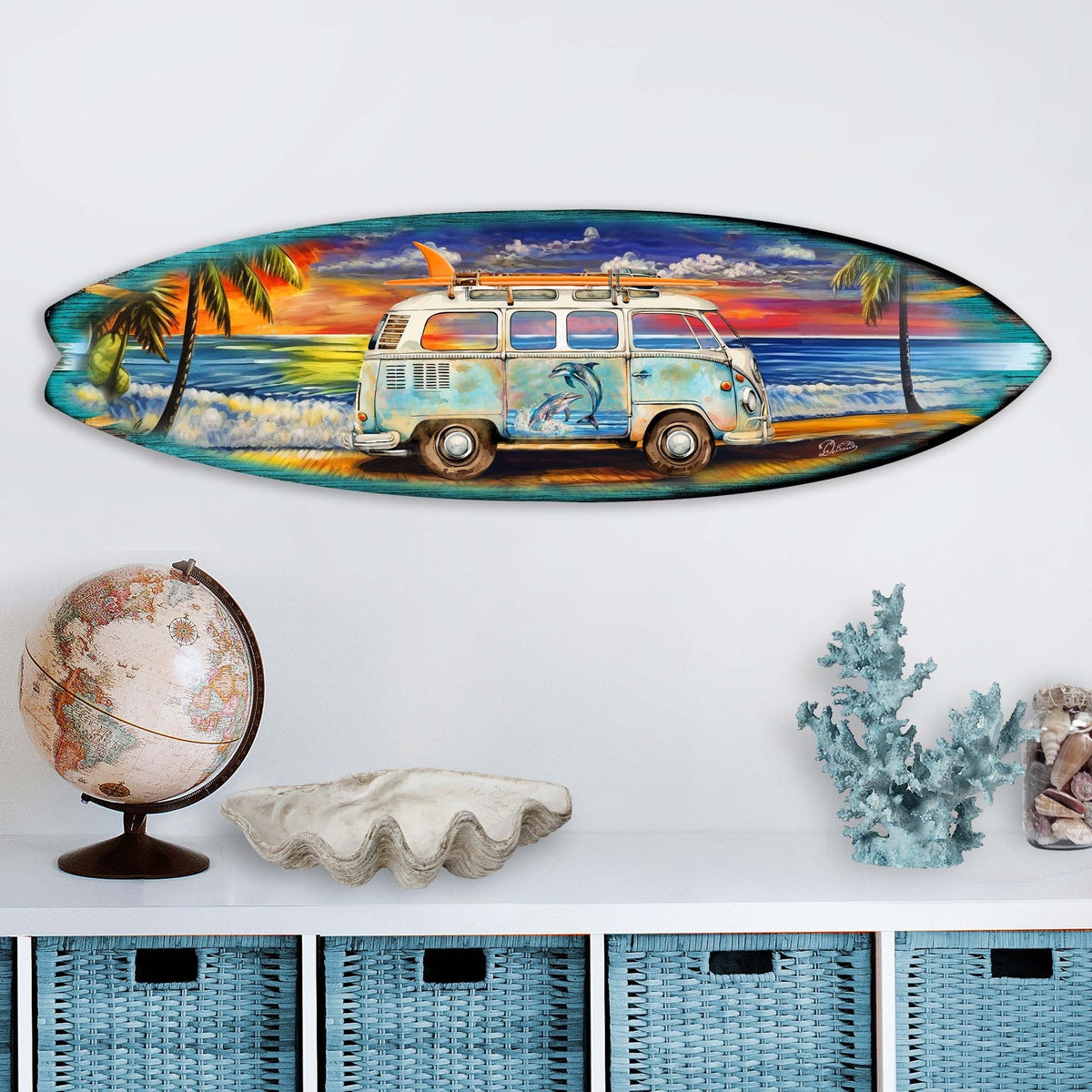 Beach Surf Van Surfboard Coastal Wooden Wall Art by G. DeBrekht - Handcrafted Coastal Holiday Decor Made in the USA - 8490120-3HS