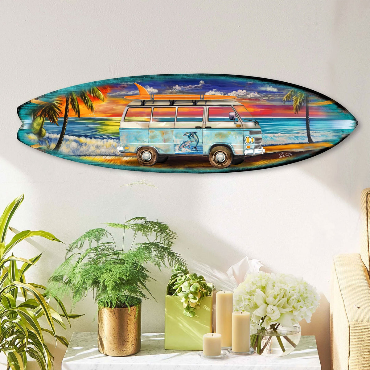 Beach Surf Van Surfboard Coastal Wooden Wall Art by G. DeBrekht - Handcrafted Coastal Holiday Decor Made in the USA - 8490120-3HS
